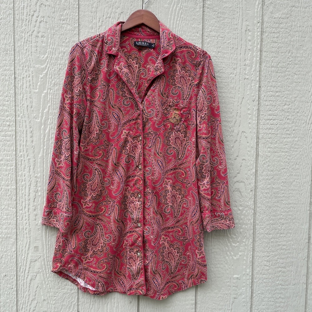 Lauren Ralph Lauren Pajama Shirt Womens M Paisley Embroidered Pocket Logo Comfy